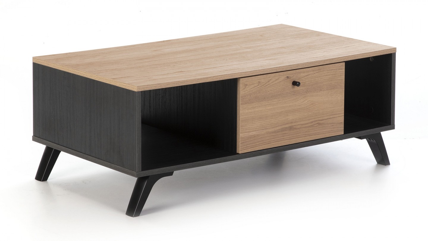 Table basse 1 tiroir effet bois noir et bois naturel 100 cm - Zack