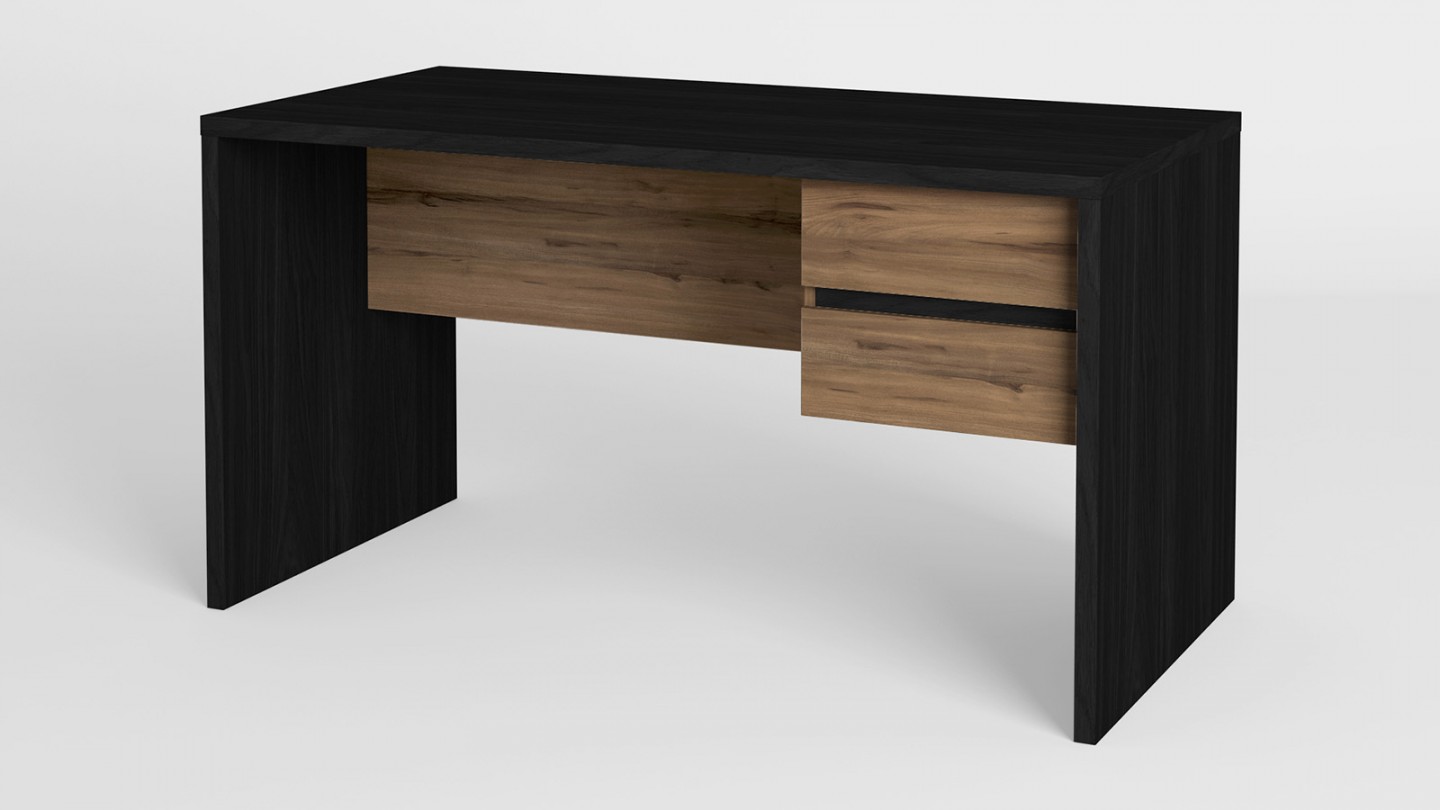 Bureau 2 tiroirs noir et effet bois 136 cm - Jess