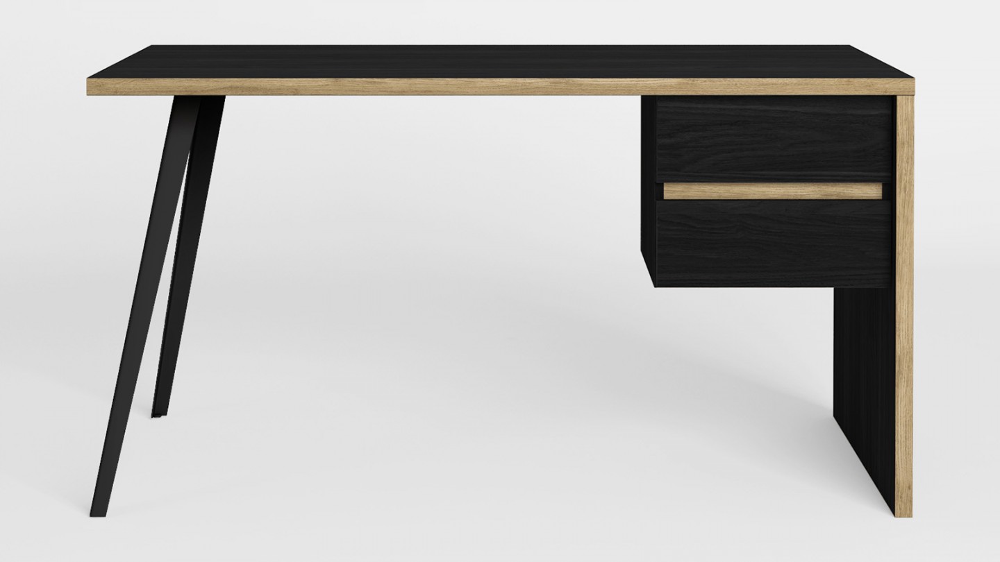 Bureau 2 tiroirs noir et effet bois 136 cm - Amanda