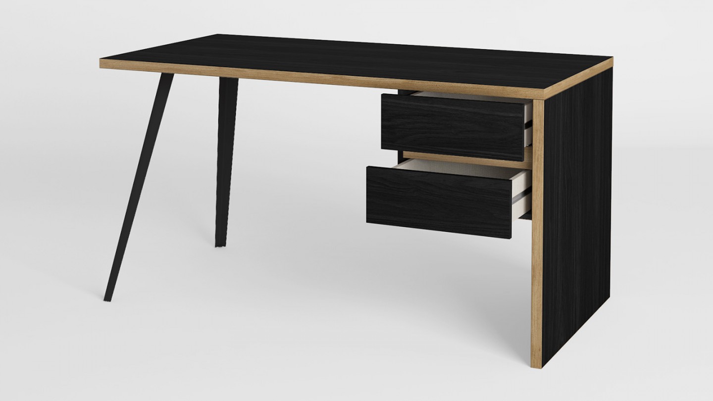 Bureau 2 tiroirs noir et effet bois 136 cm - Amanda