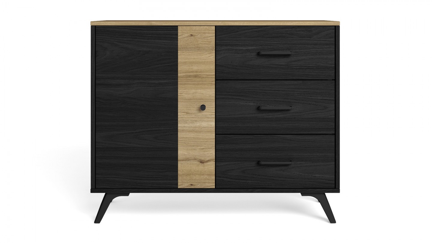 Buffet 1 porte 3 tiroirs effet bois noir et bois naturel 92 cm - Zack