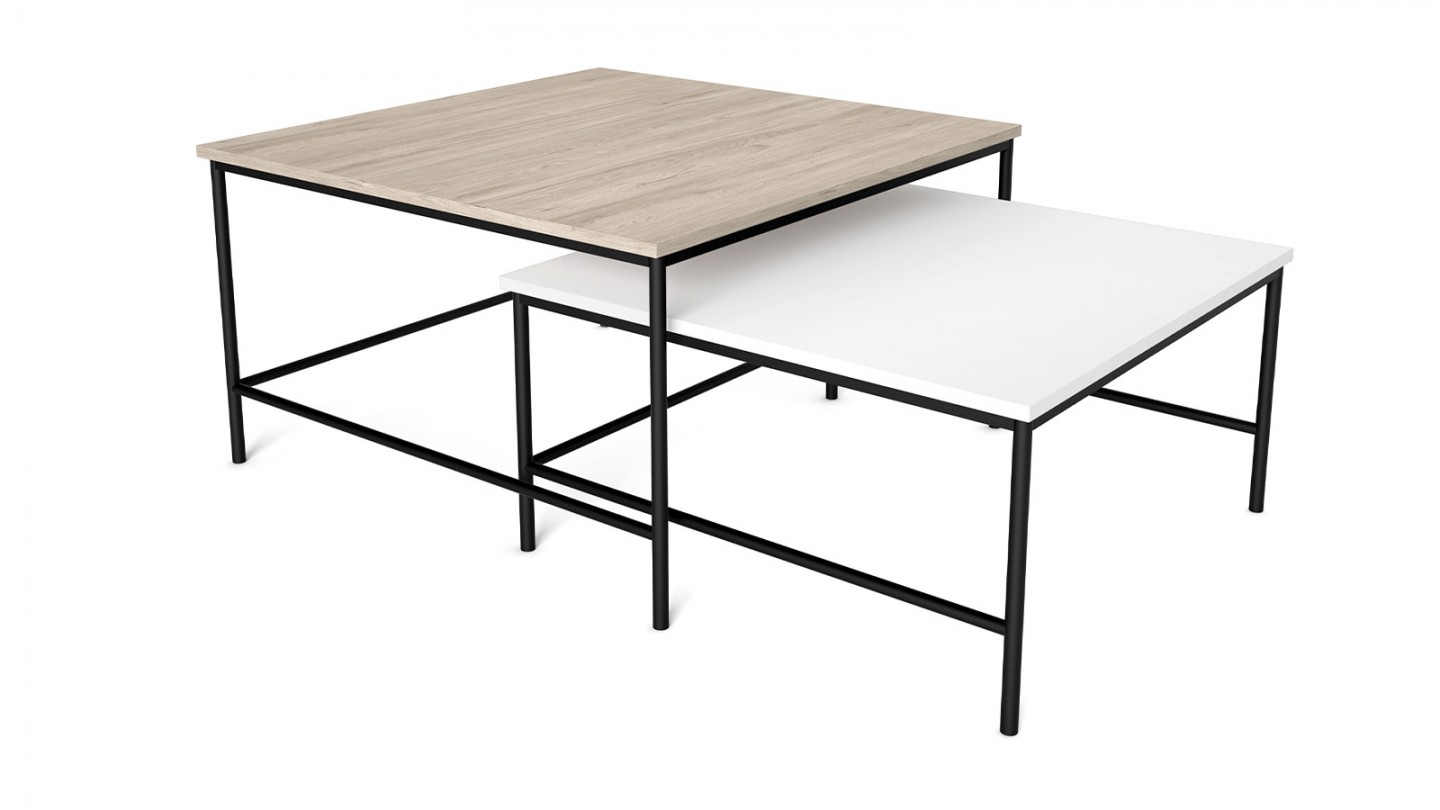 Set de 2 tables basses gigognes carrées effet bois et blanc - Donna