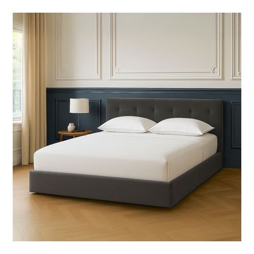 Lit Coffre Adulte Tina 140x190 Cm Avec Tête De Lit Matelassée En Tissu Beige - Sommier Relevable, Rangement Intégré